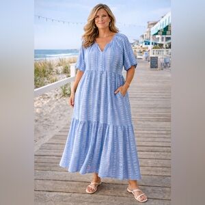 Citrus Called to Surf Isa Jacquard Blue White Maxi Dress Coastal Vacation XXXL